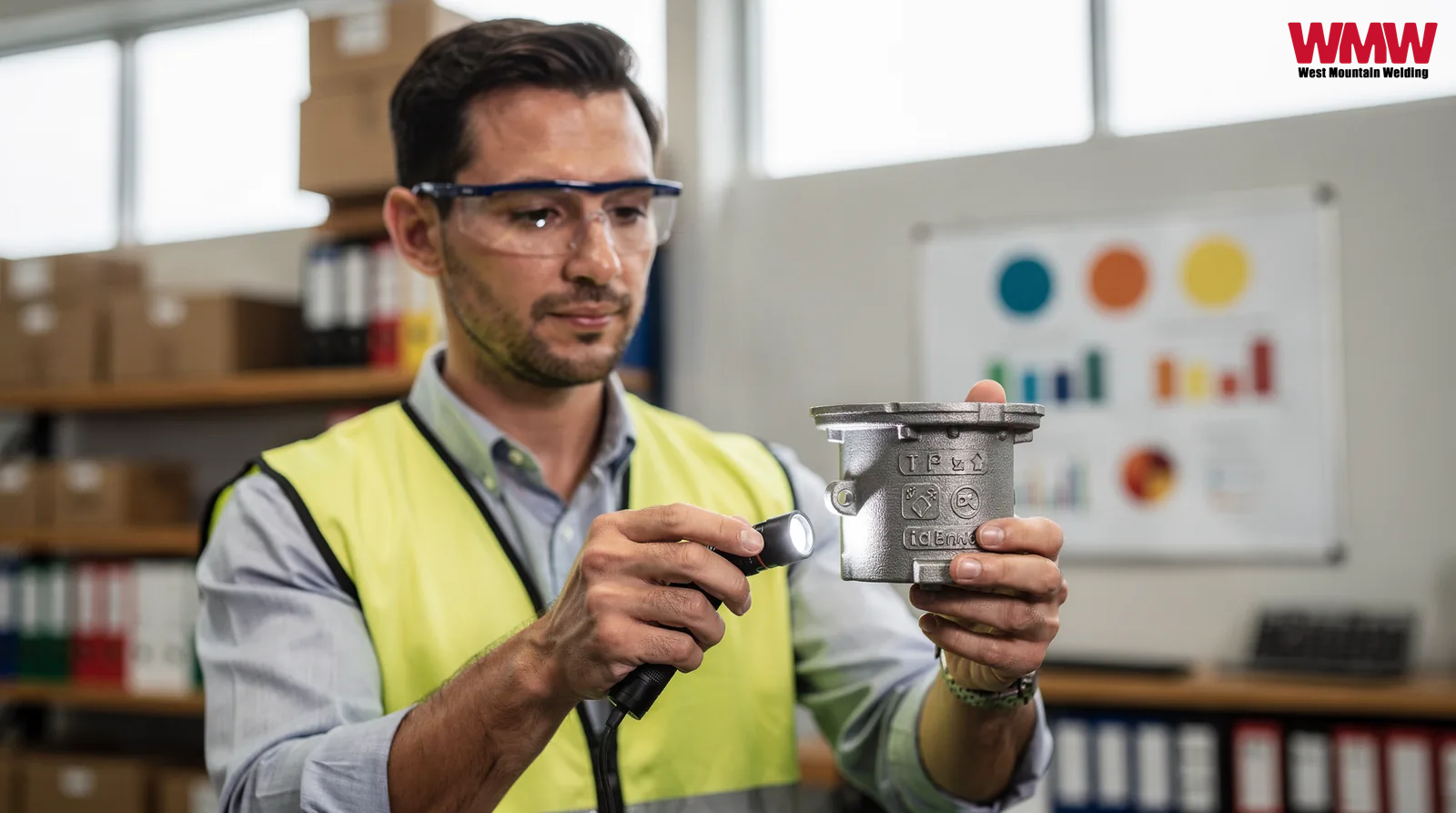 A man in a safety vest holds a metal object, emphasizing the importance of material traceability and spool labeling. A man in a safety vest holds a metal object, emphasizing the importance of material traceability and spool labeling.
