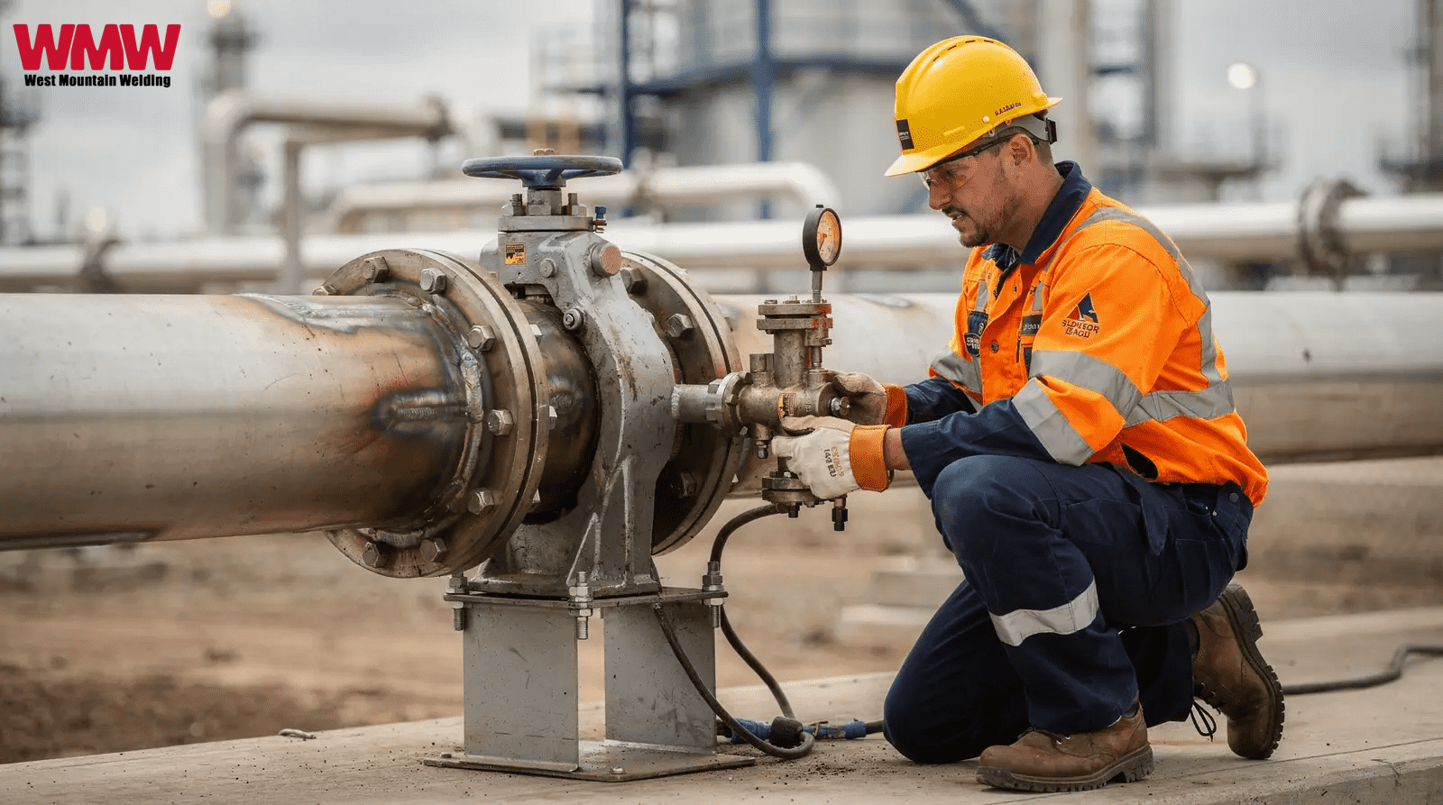 A worker in an orange shirt and hard hat performs a hot tap on a pipe, showcasing safety and technical skills in construction. A worker in an orange shirt and hard hat performs a hot tap on a pipe, showcasing safety and technical skills in construction.