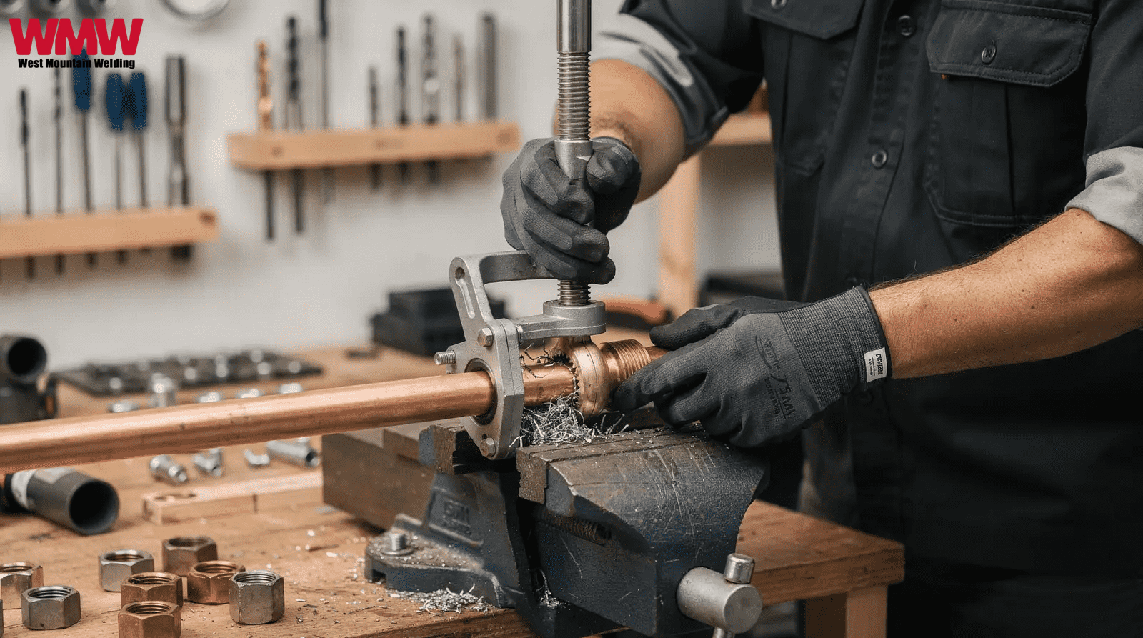 A fabricator using a wrench to tighten a pipe, focused on his task in a workshop setting. A fabricator using a wrench to tighten a pipe, focused on his task in a workshop setting.