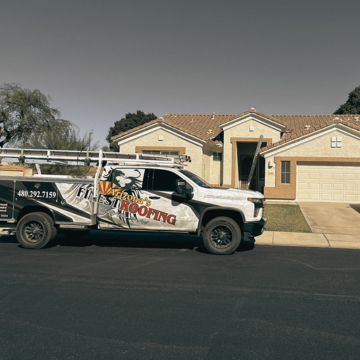 Arizona's Finest Roofing truck parked outside a home providing residential roofing services Gilbert AZ and expert roof inspection Gilbert AZ.