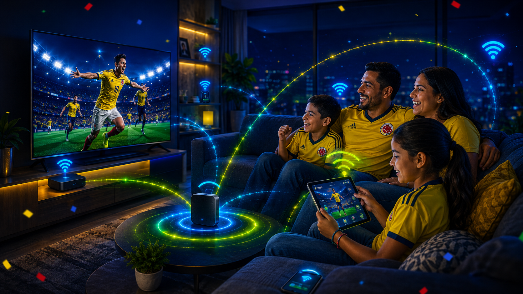 Familia colombiana feliz disfrutando conectividad y entretenimiento en casa