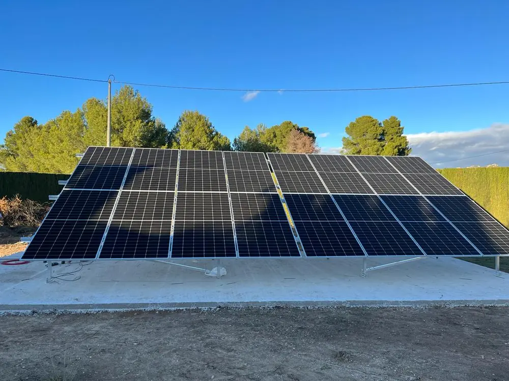 Instalación de placas solares en suelo, terminada, junto a un pinar