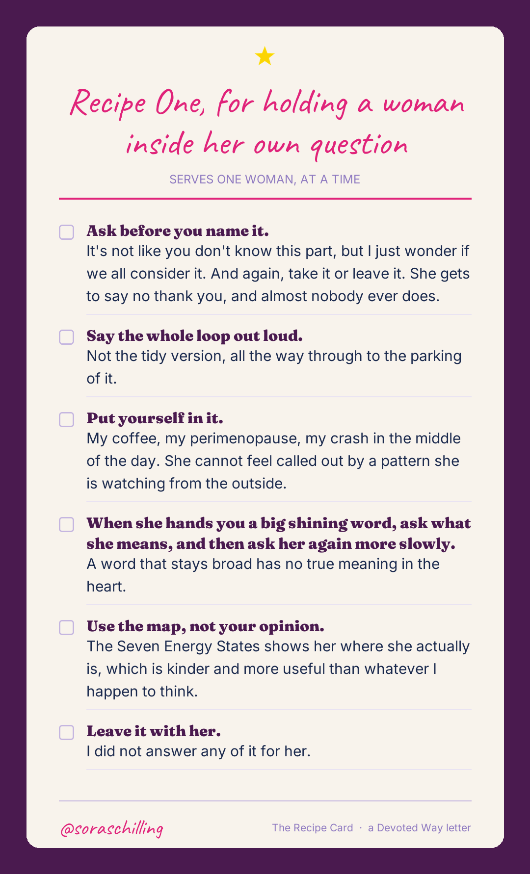 Printable recipe card for holding a woman inside her own question, six steps each with a box to tick