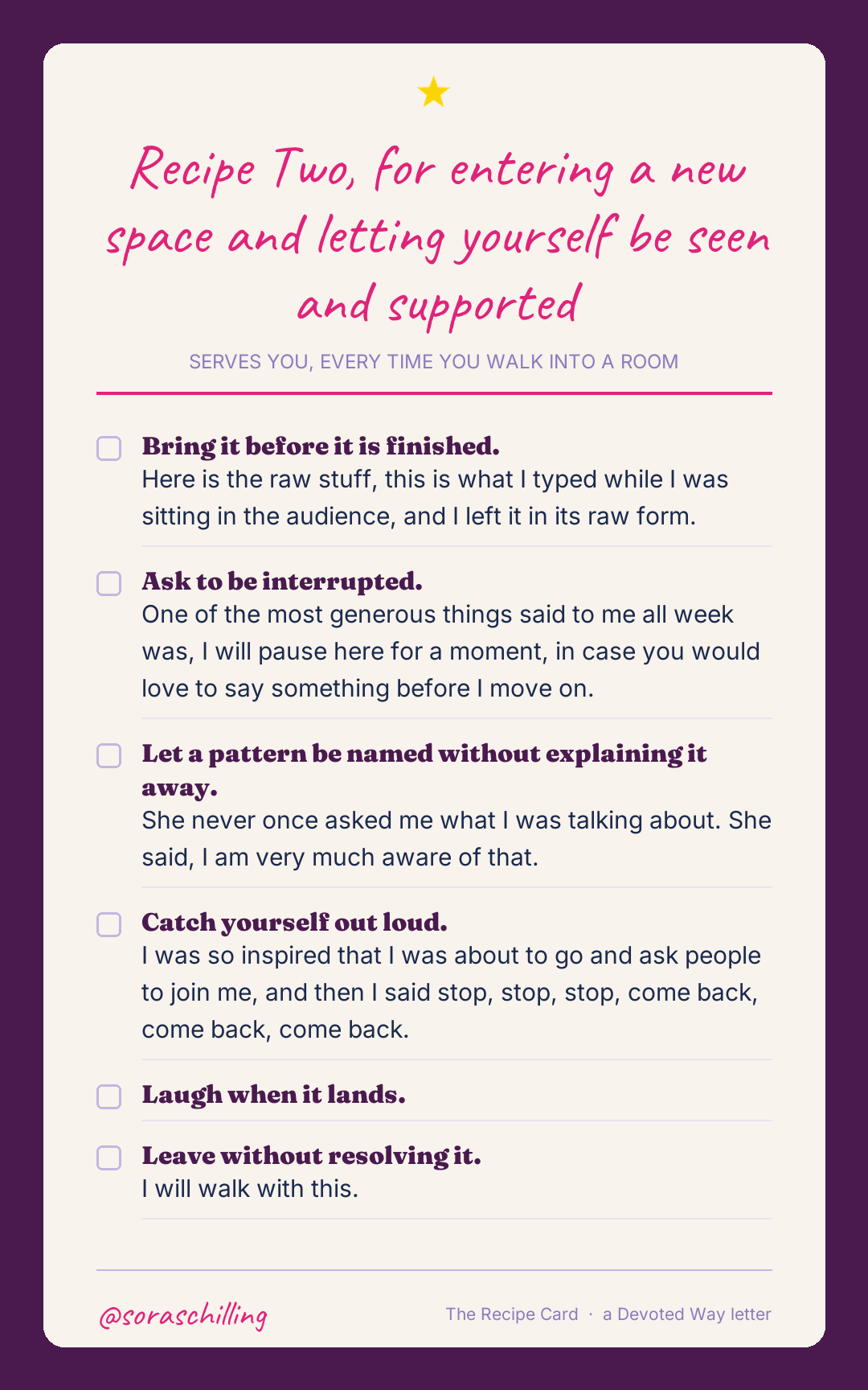 Printable recipe card for entering a new space and letting yourself be seen and supported, six steps each with a box to tick
