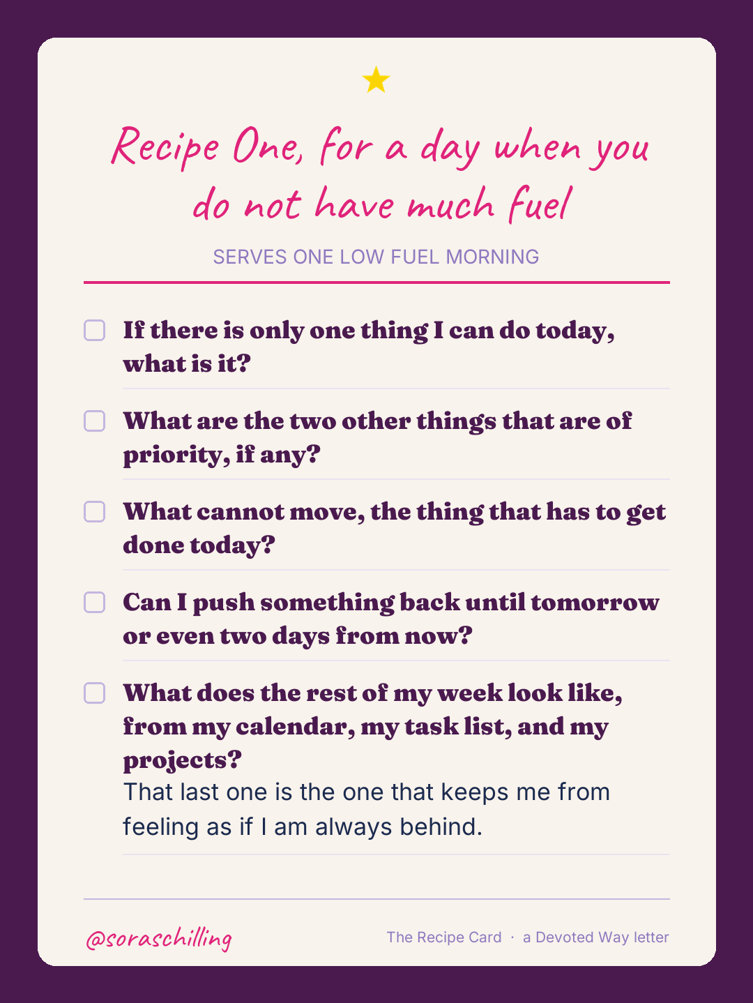 A printable recipe card headed Recipe One, for a day when you do not have much fuel, with five checkboxes for finding the one thing worth doing today.