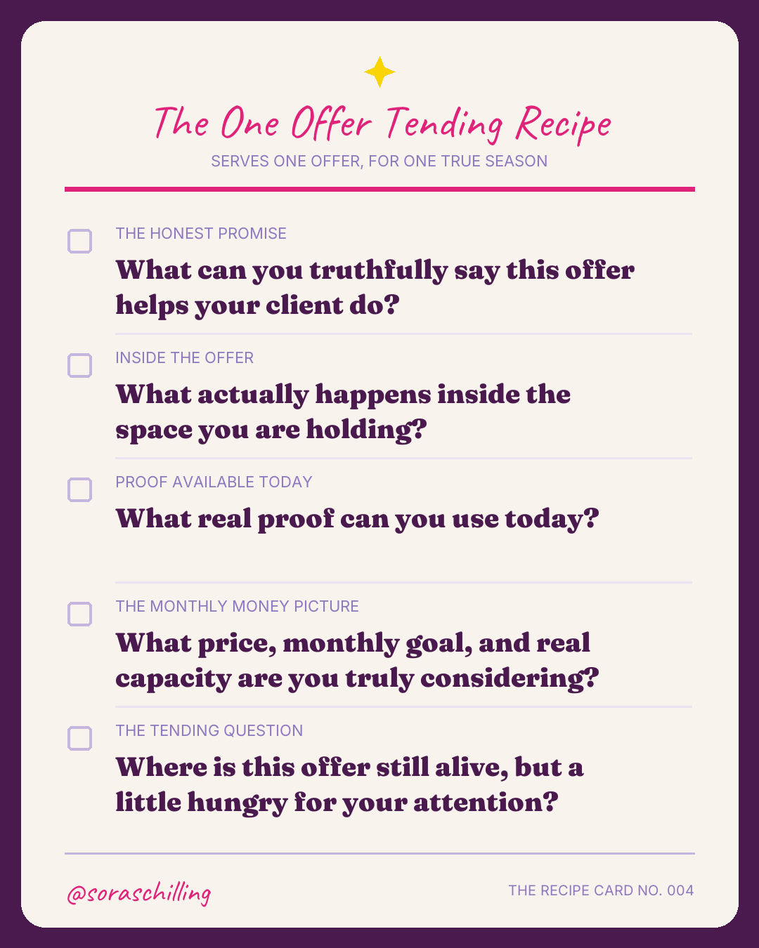 The Recipe Card no. 004, How to Refine Your Coaching Offer Without Starting Over, beside the One Offer Tending Recipe