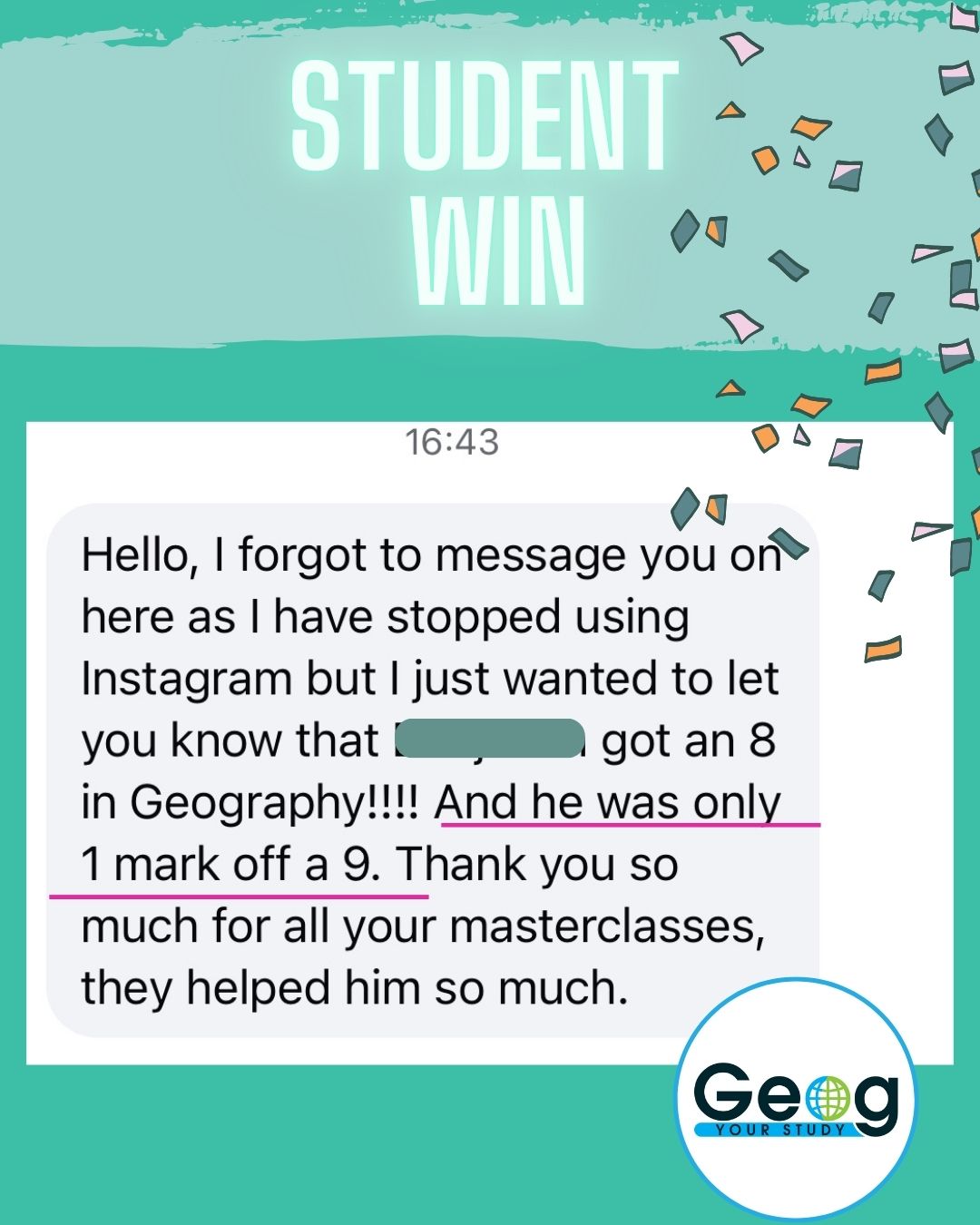 Student win: an 8, one mark off a 9