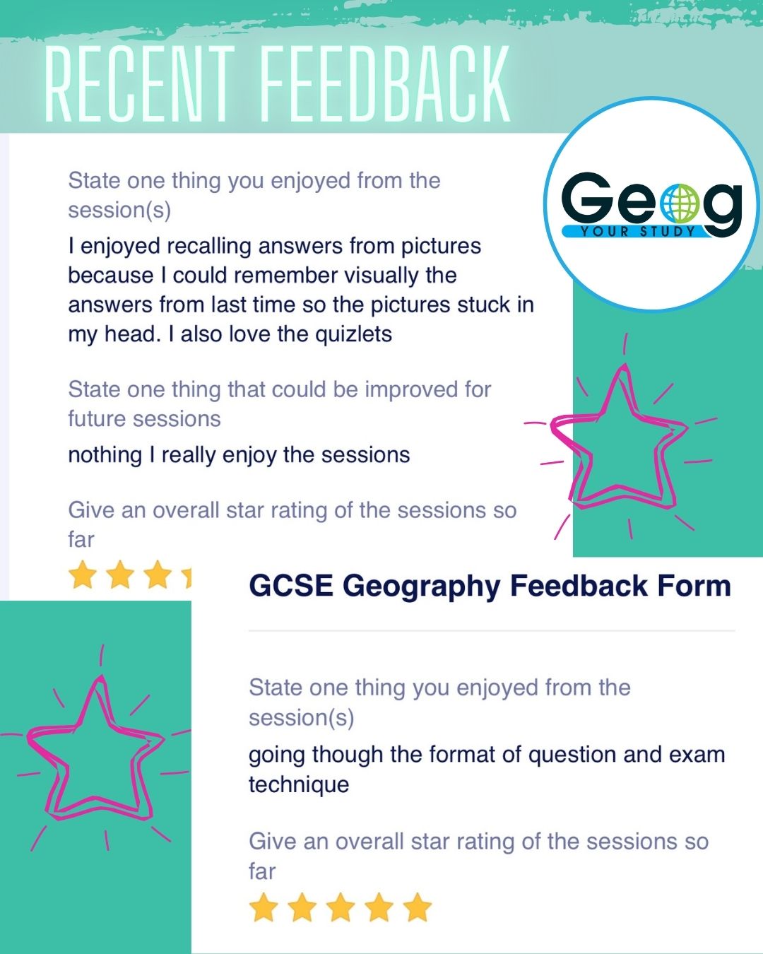 Student feedback forms with five-star ratings