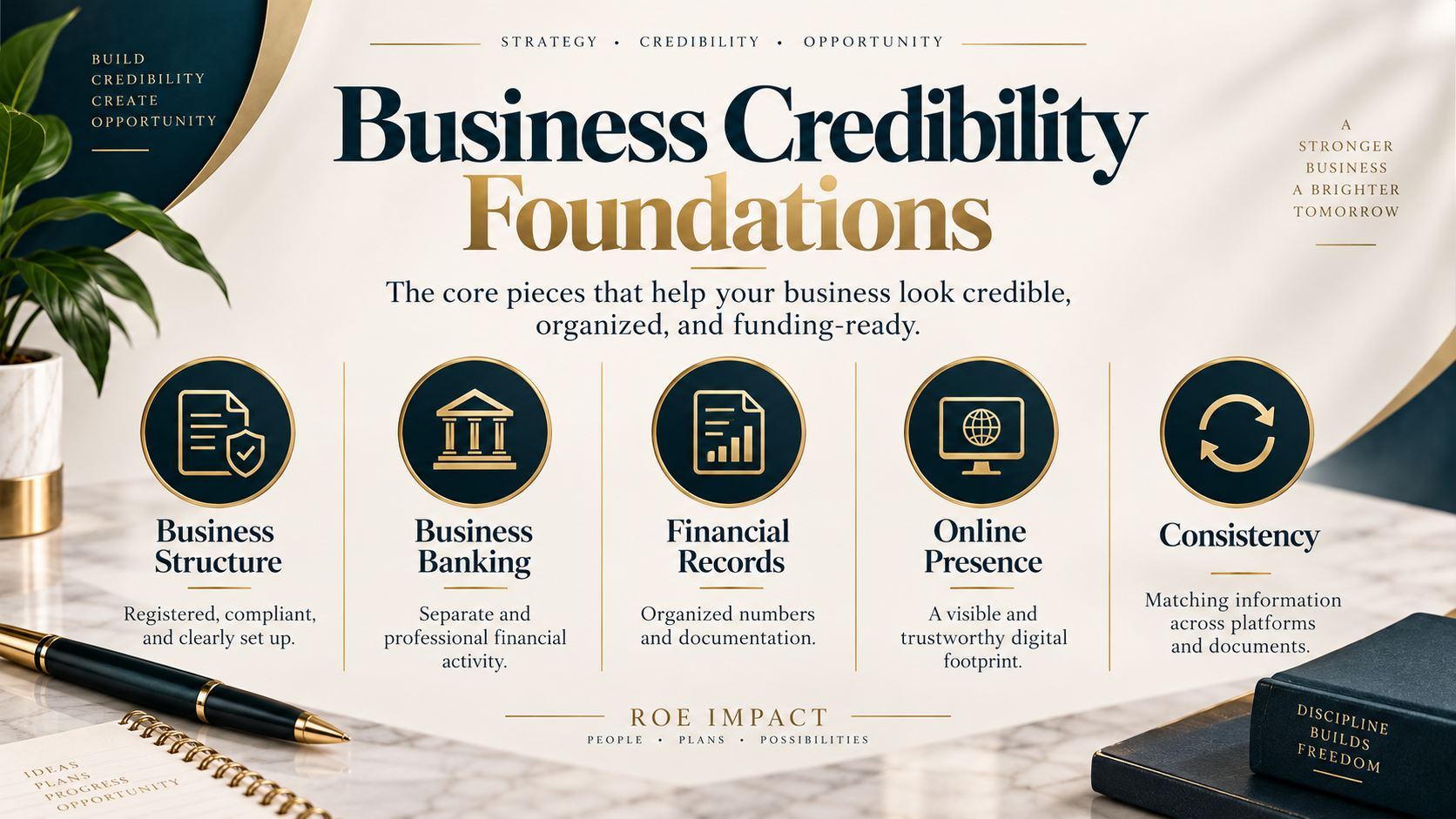 Business credibility infographic showing the foundational elements a business needs to appear trustworthy, organized, and funding ready
