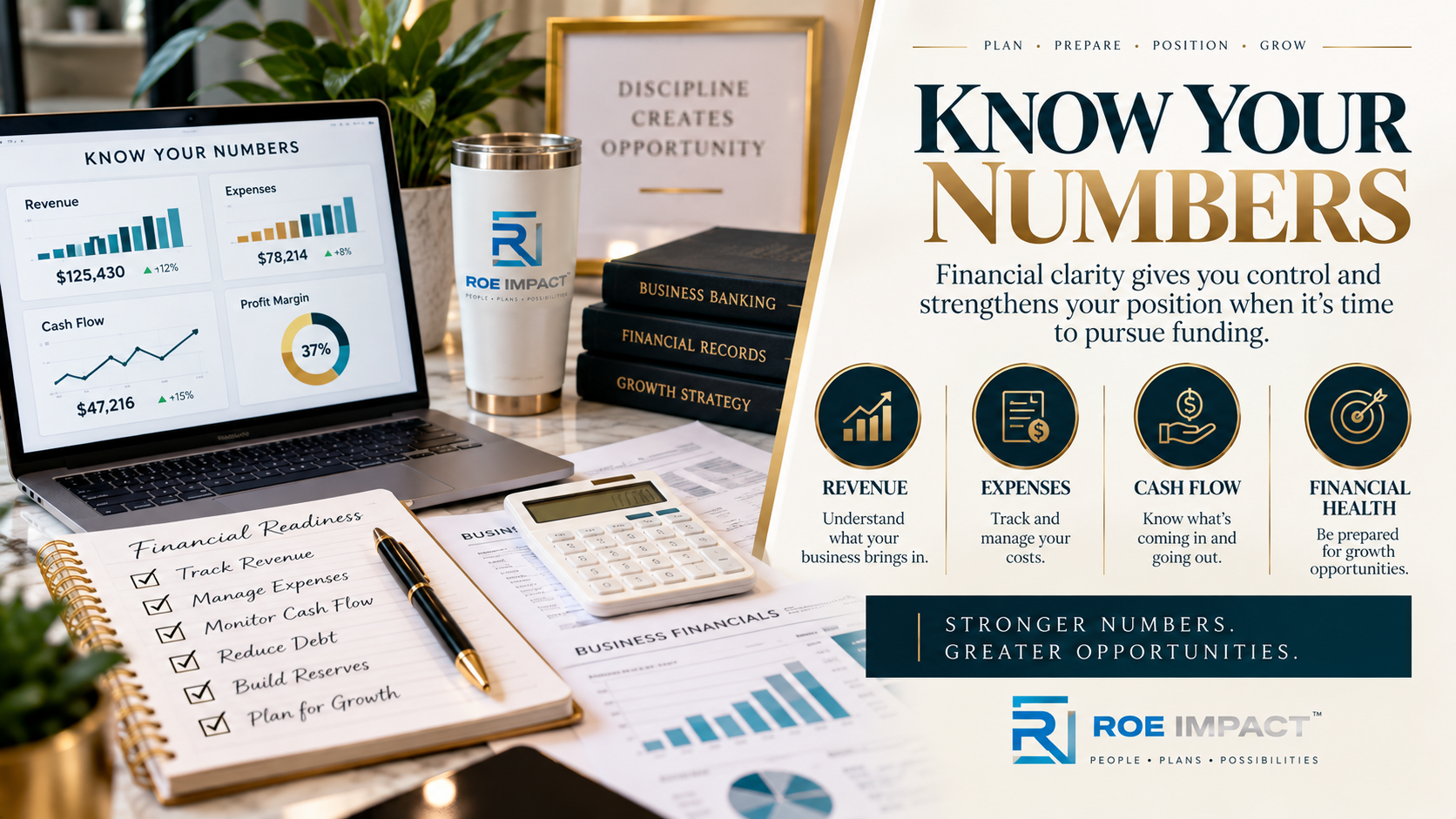 Financial readiness infographic showing revenue, expenses, cash flow, and financial health for business funding preparation