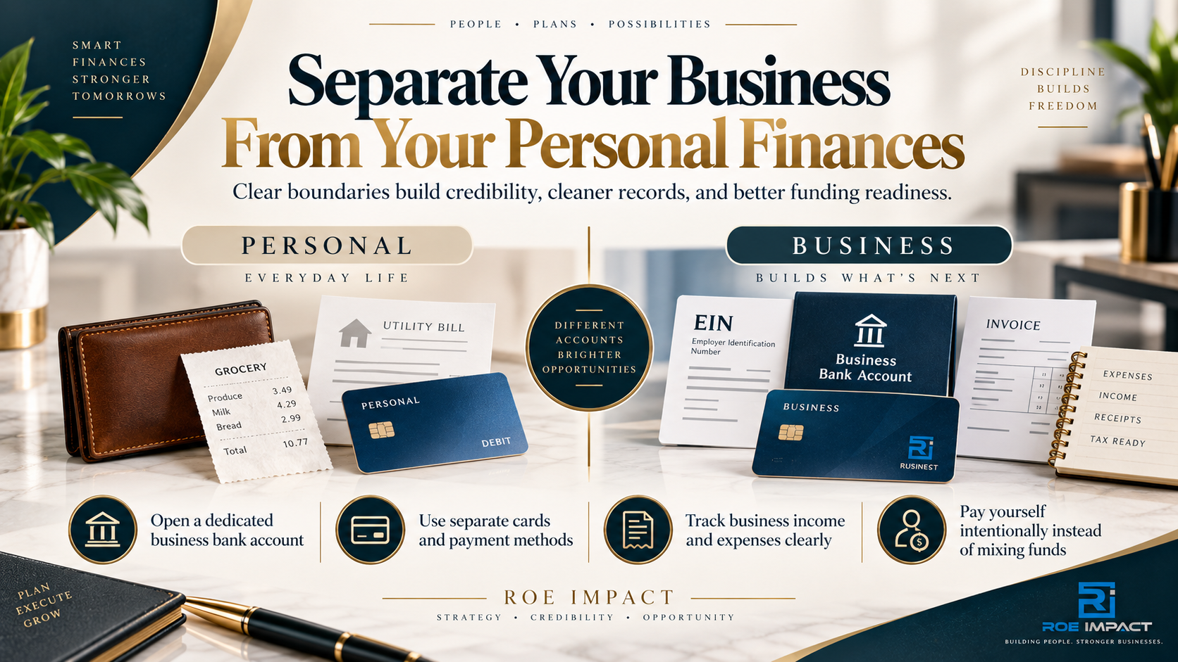 Infographic showing the importance of separating business finances from personal finances to build credibility and funding readiness.