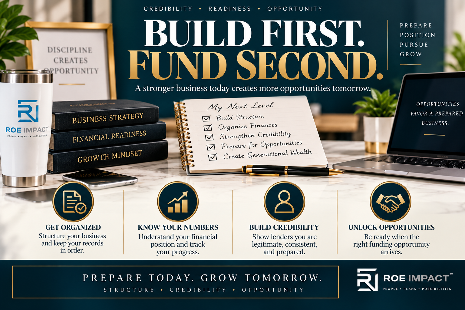 Build First. Fund Second. infographic showing business organization, financial readiness, credibility, and funding opportunity preparation.