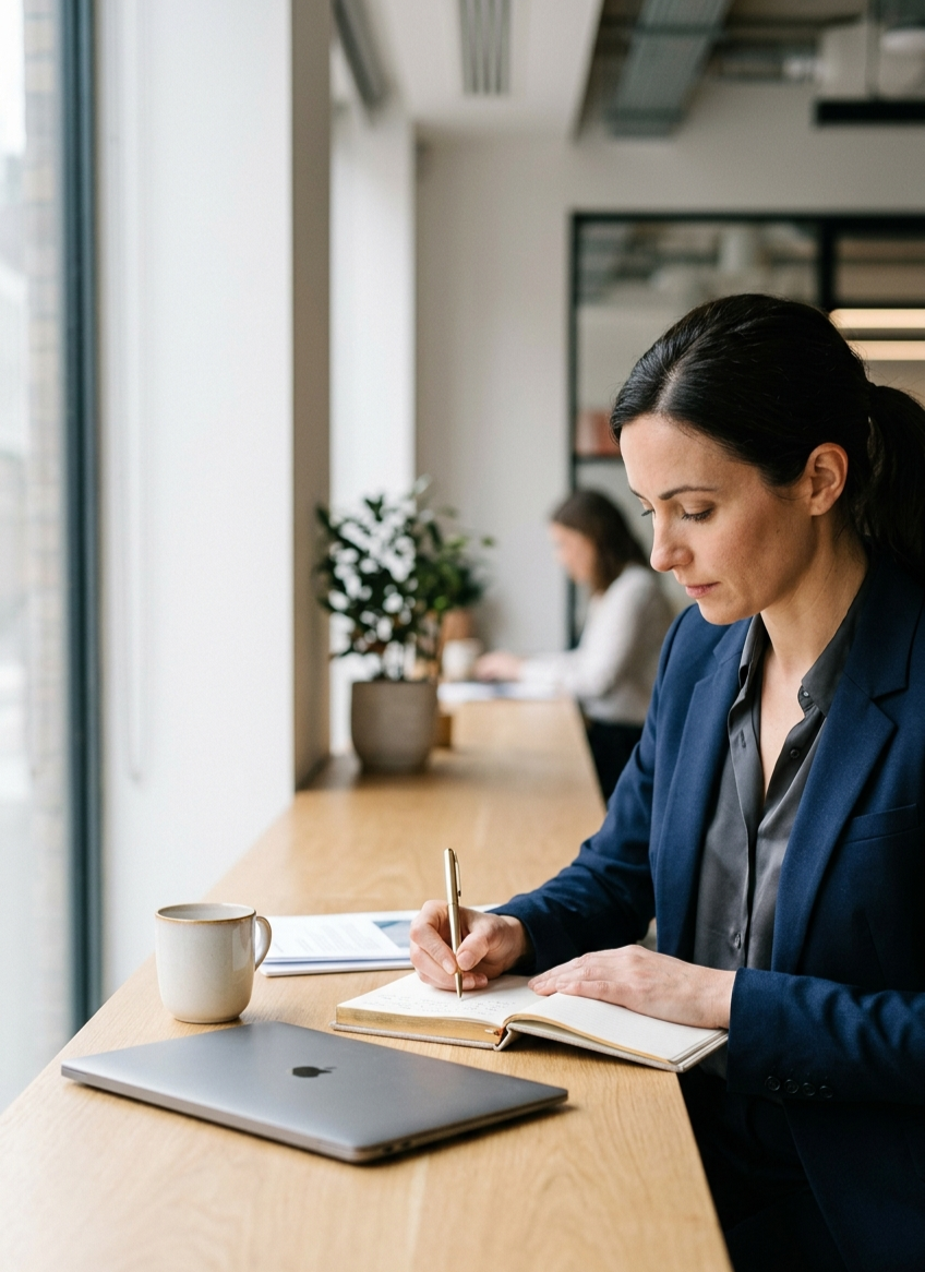 Business professional planning strategy and writing notes during consulting work session