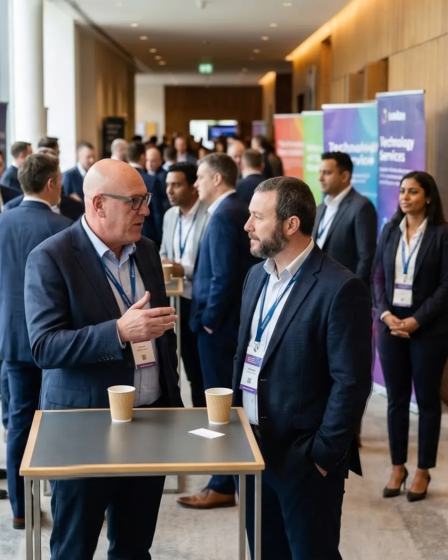Martin Weir and Peter Karaberidis speaking with advisers at a life insurance industry conference