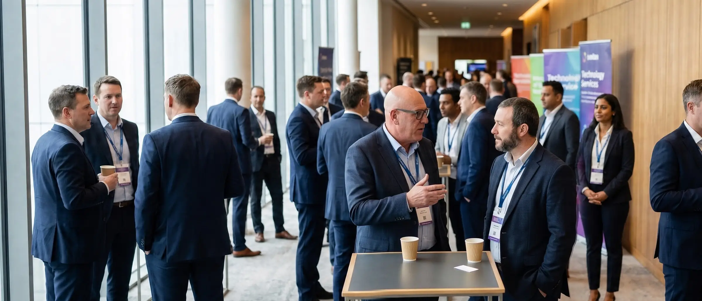 Peter Karaberidis and Martin Weir of HAE Financial in conversation at a life insurance industry conference