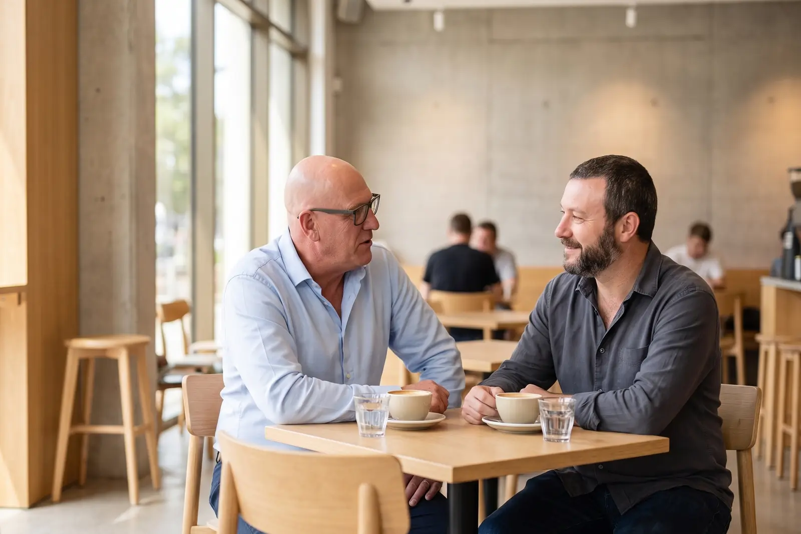 Martin Weir and Peter Karaberidis, directors of HAE Financial, talking over coffee