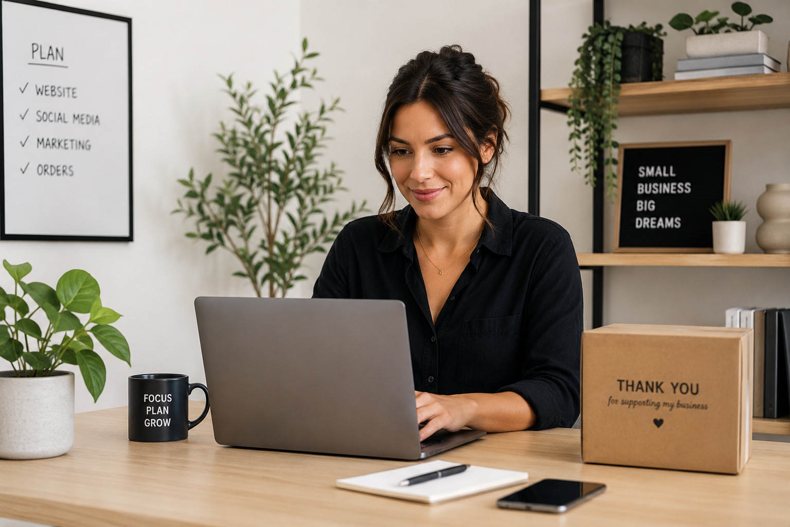 Small business owner reviewing business finances and tax documents at a clean, modern workspace.
