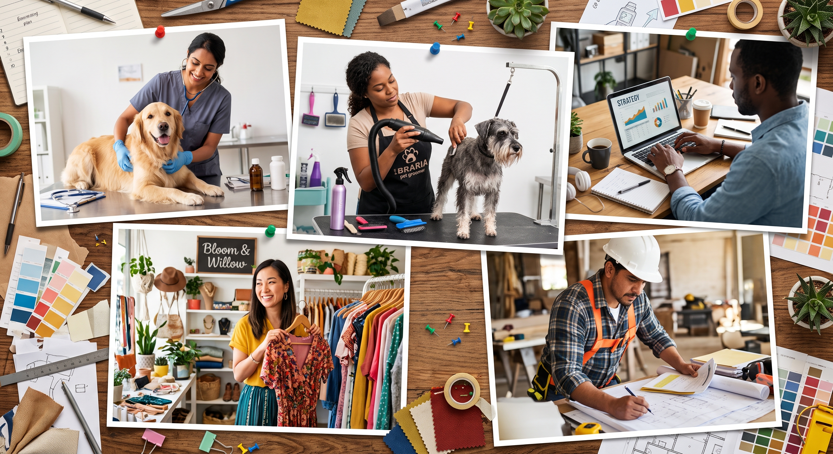 collage of five diverse small business owners at work, including a veterinarian, a pet groomer, a corporate consultant, a boutique retail owner, and a construction contractor. collage of five diverse small business owners at work, including a veterinarian, a pet groomer, a corporate consultant, a boutique retail owner, and a construction contractor.