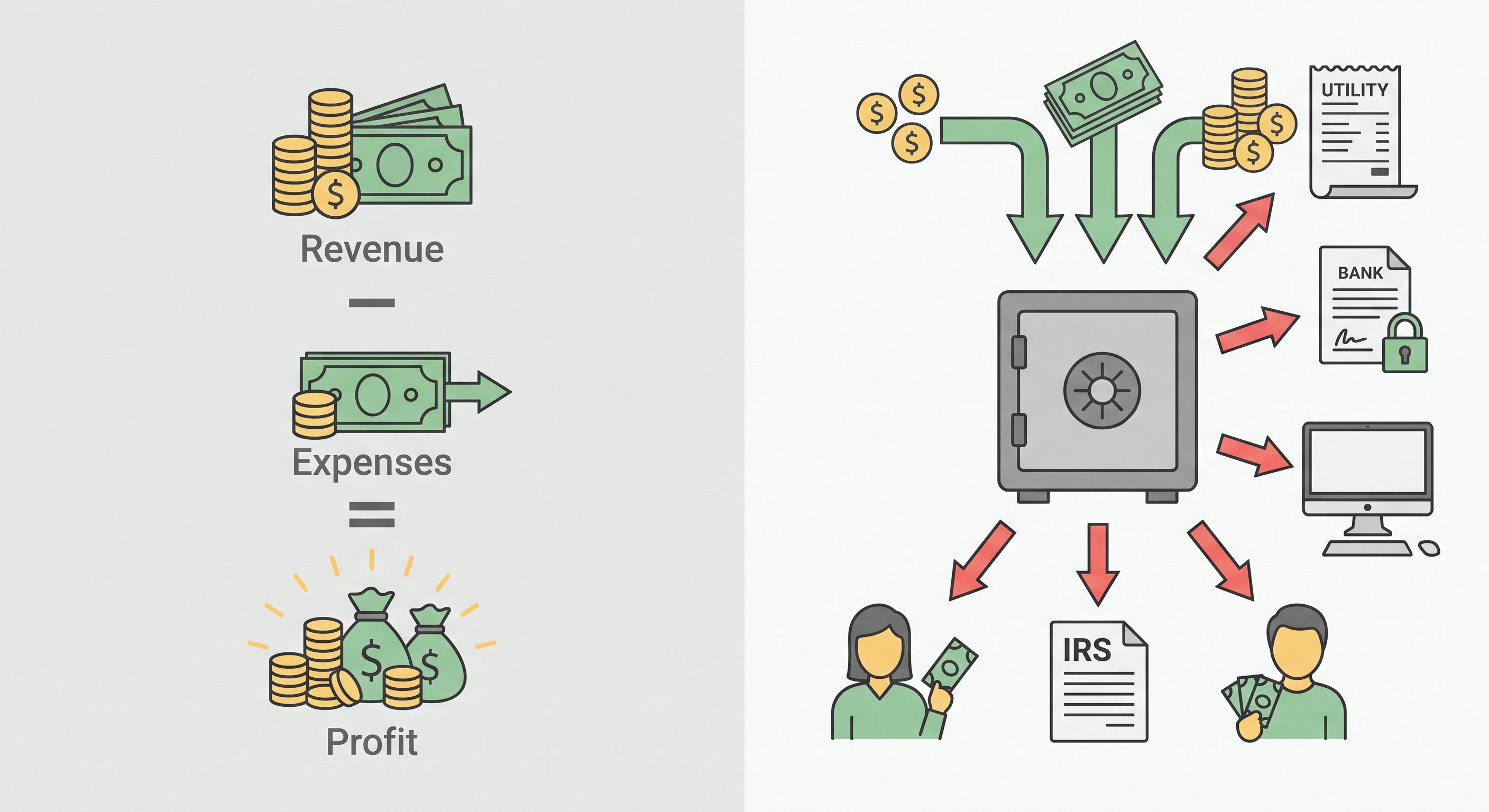 Comparison showing the difference between business profit and cash flow. Comparison showing the difference between business profit and cash flow.