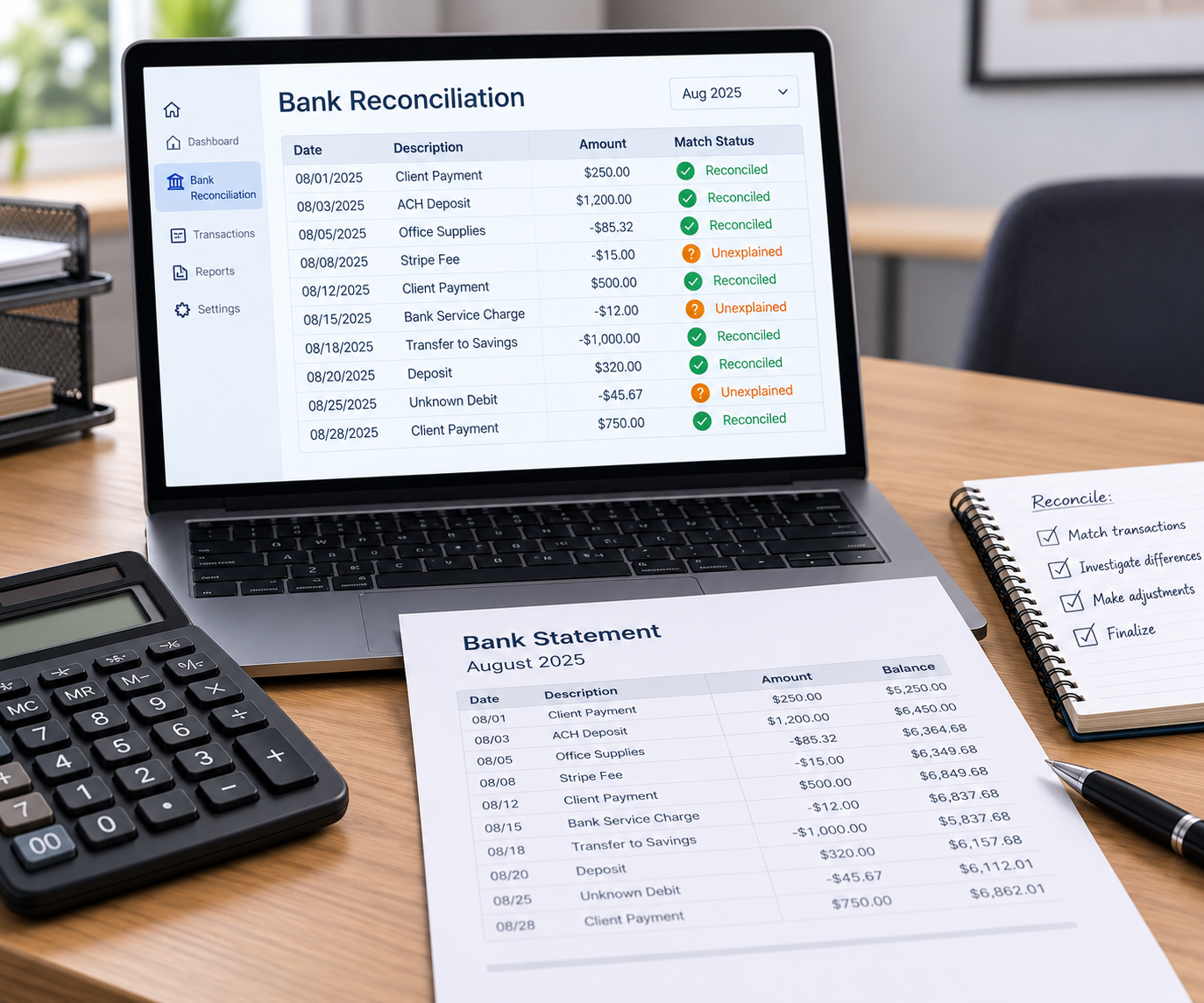Business bank account reconciliation with unexplained transactions