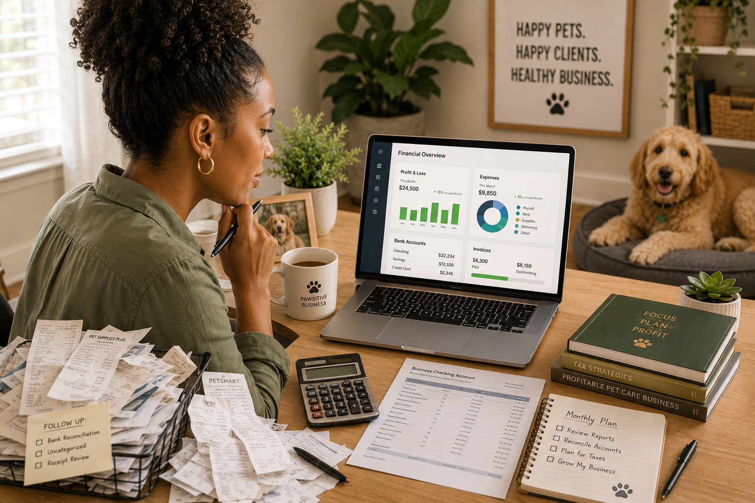 Small business owner reviewing clean and organized financial reports