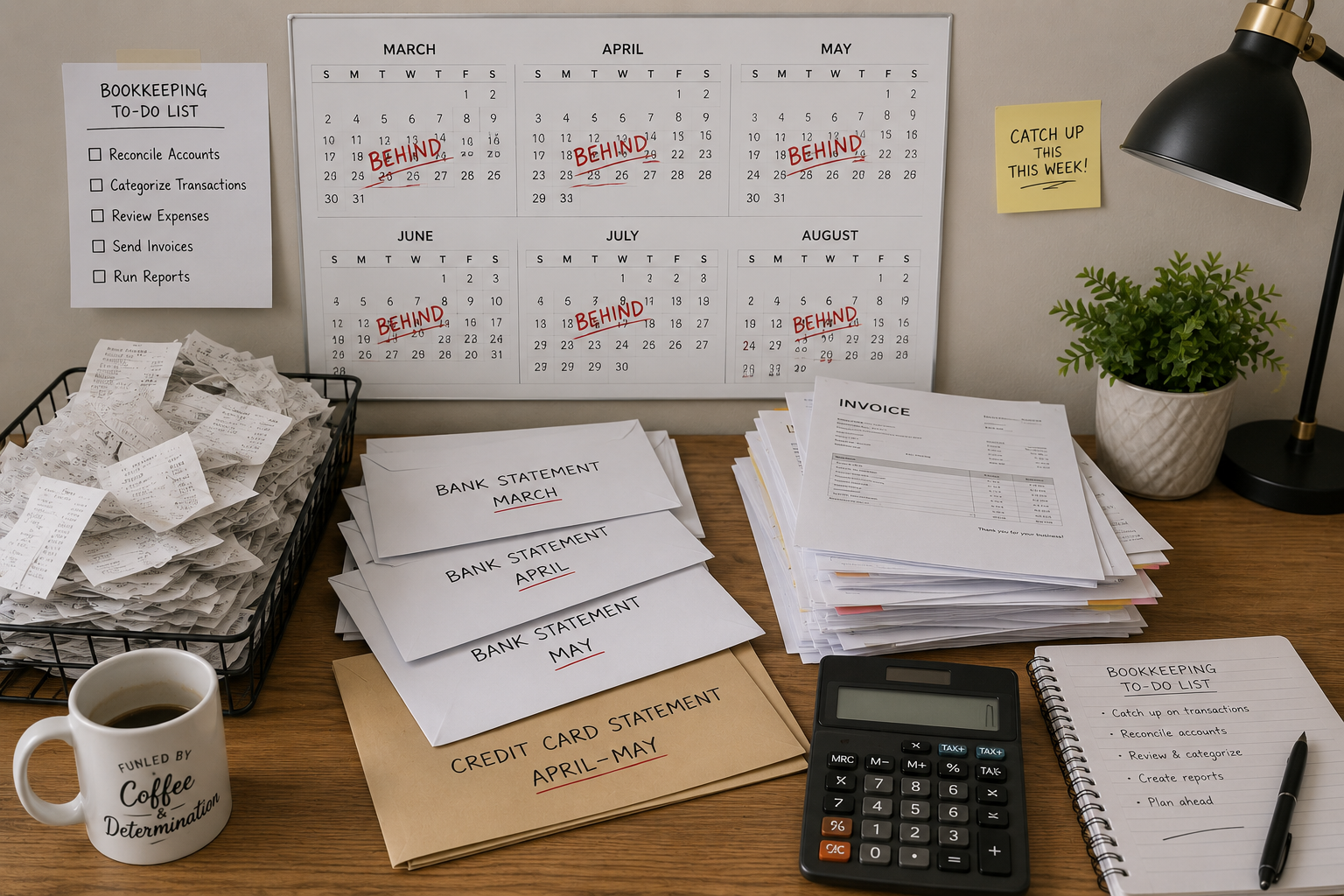 Disorganized receipts and financial documents representing overdue bookkeeping