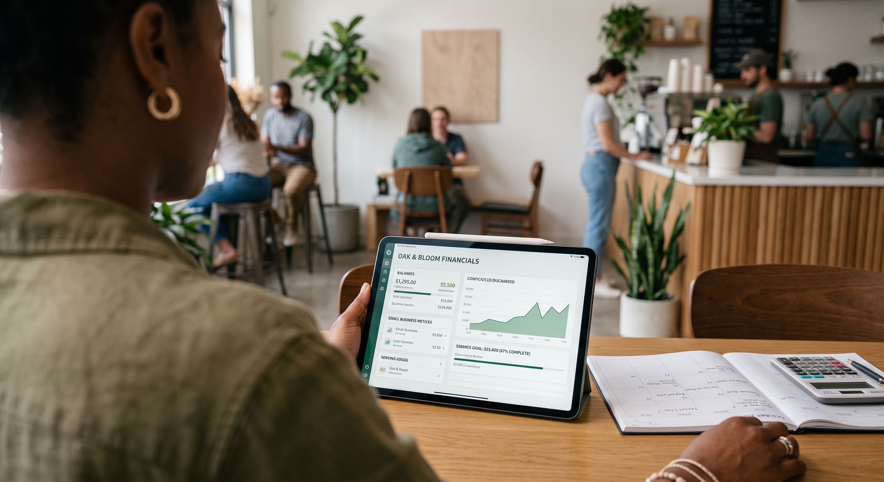 Small-business owner confidently reviewing tax savings and business finances