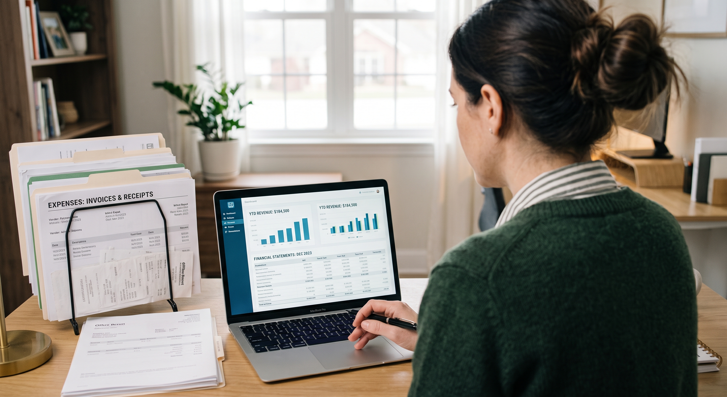 Business owner reviewing year-end equipment and tax records