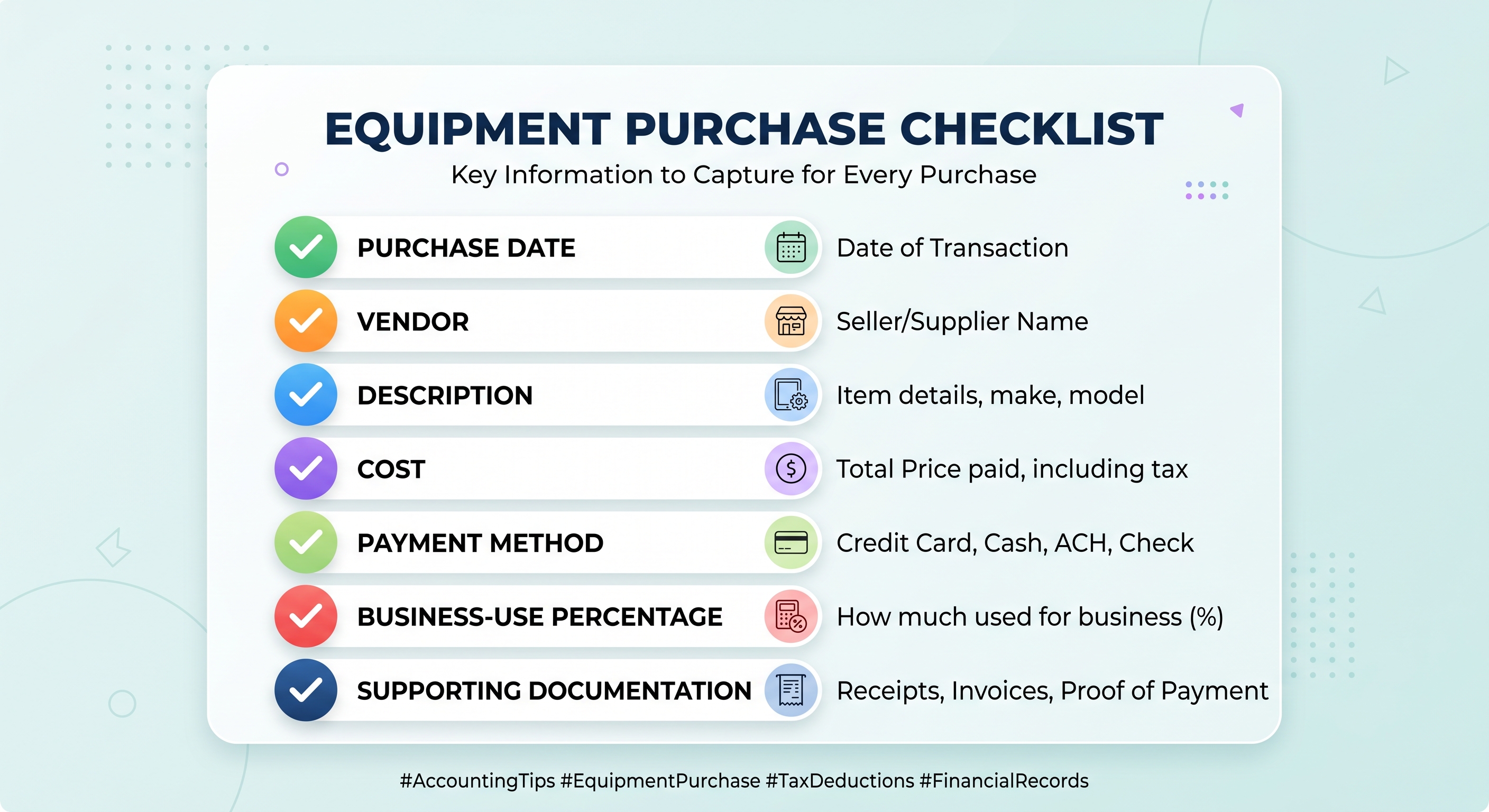 Checklist of information to track for business equipment purchases