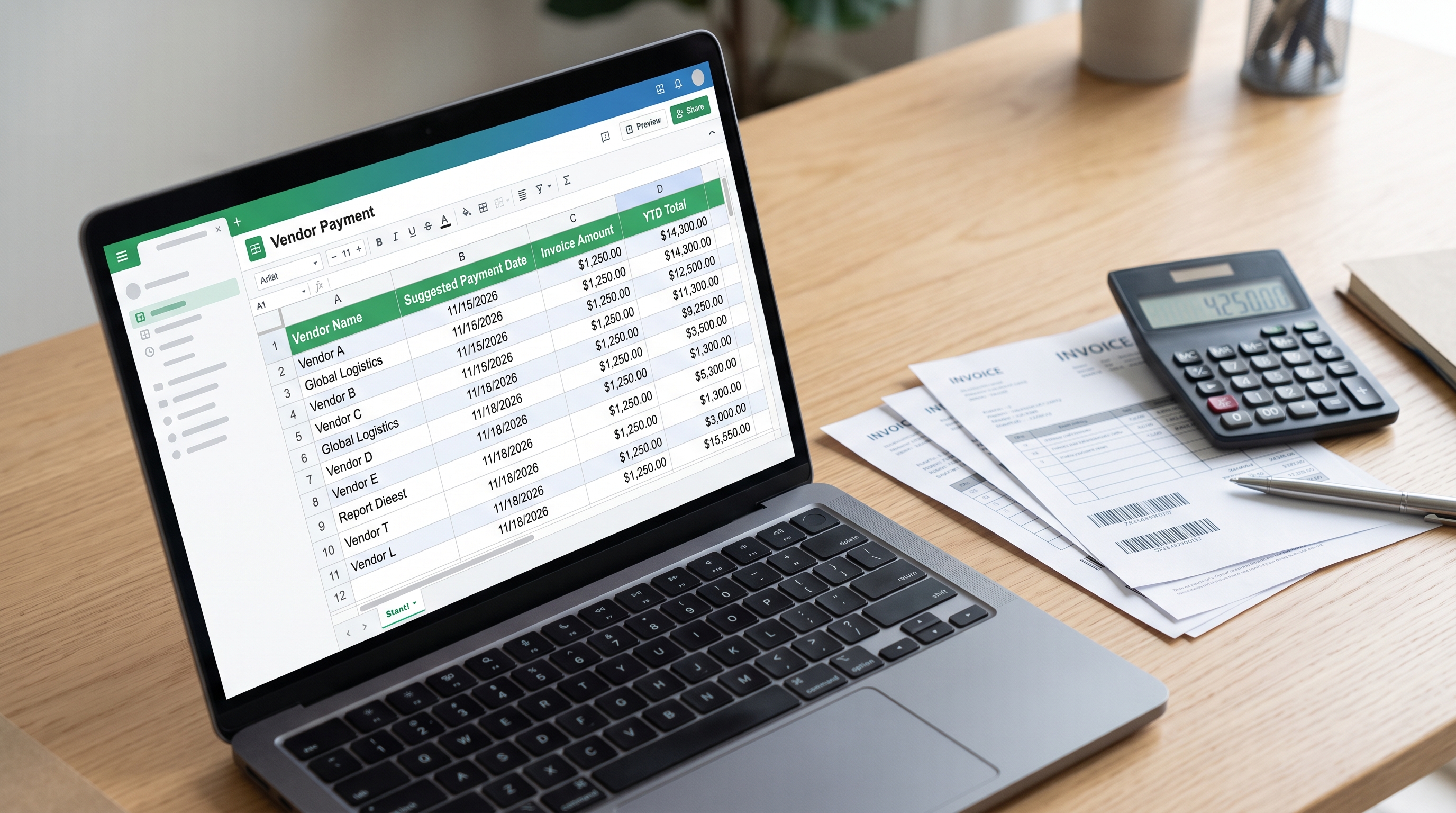 Small business owner tracking contractor payments and year-to-date totals in a spreadsheet