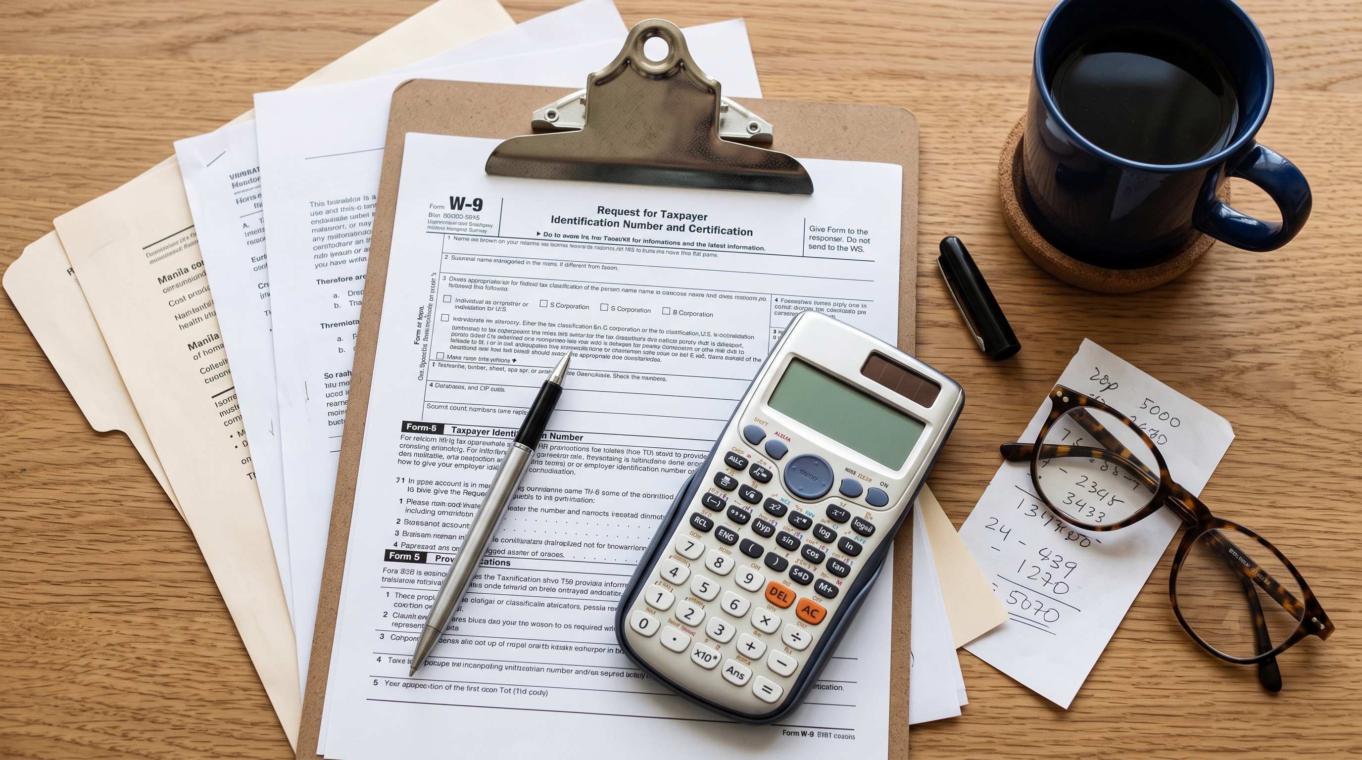 Business owner reviewing contractor onboarding paperwork and a W-9 form
