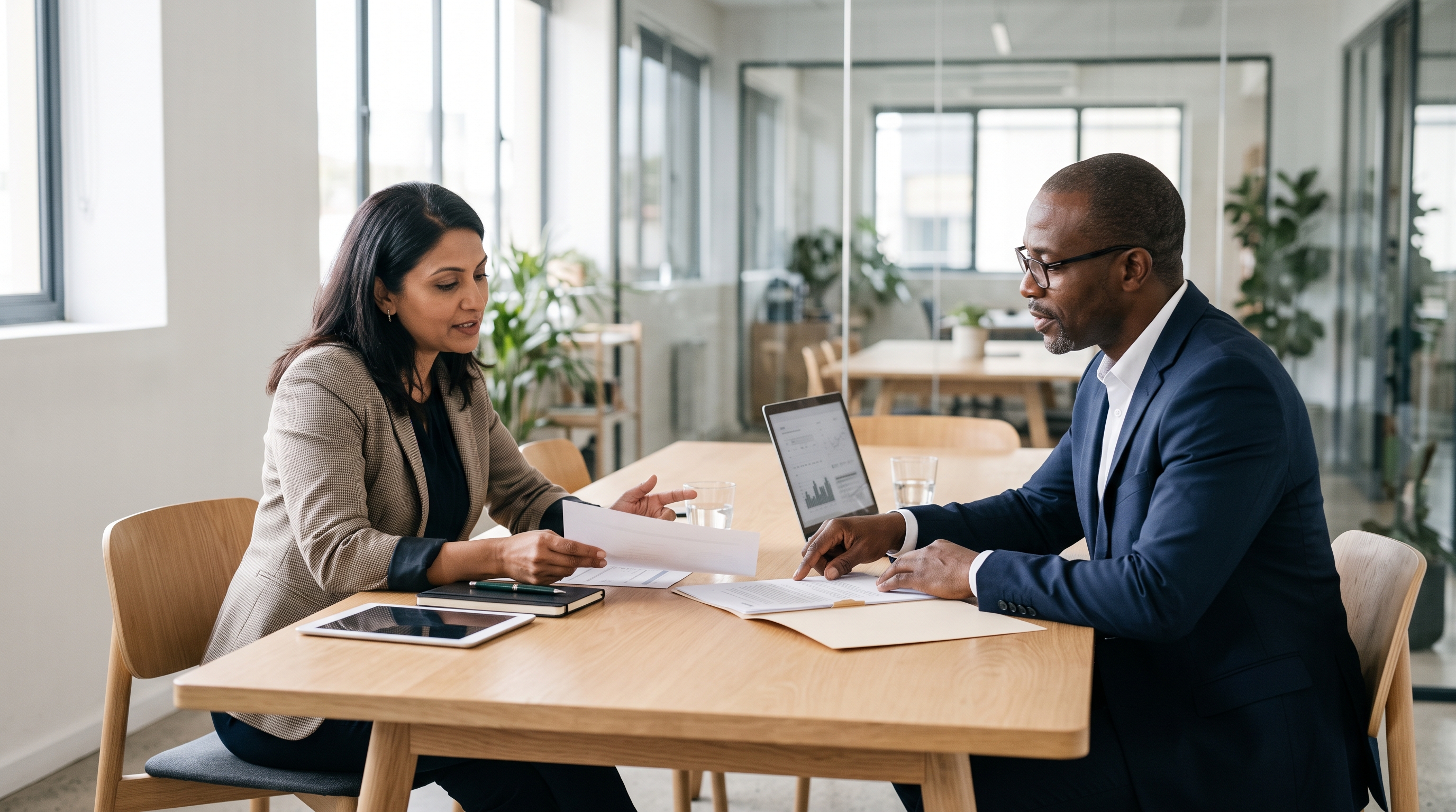 Small business owner discussing retirement savings options with a financial advisor.