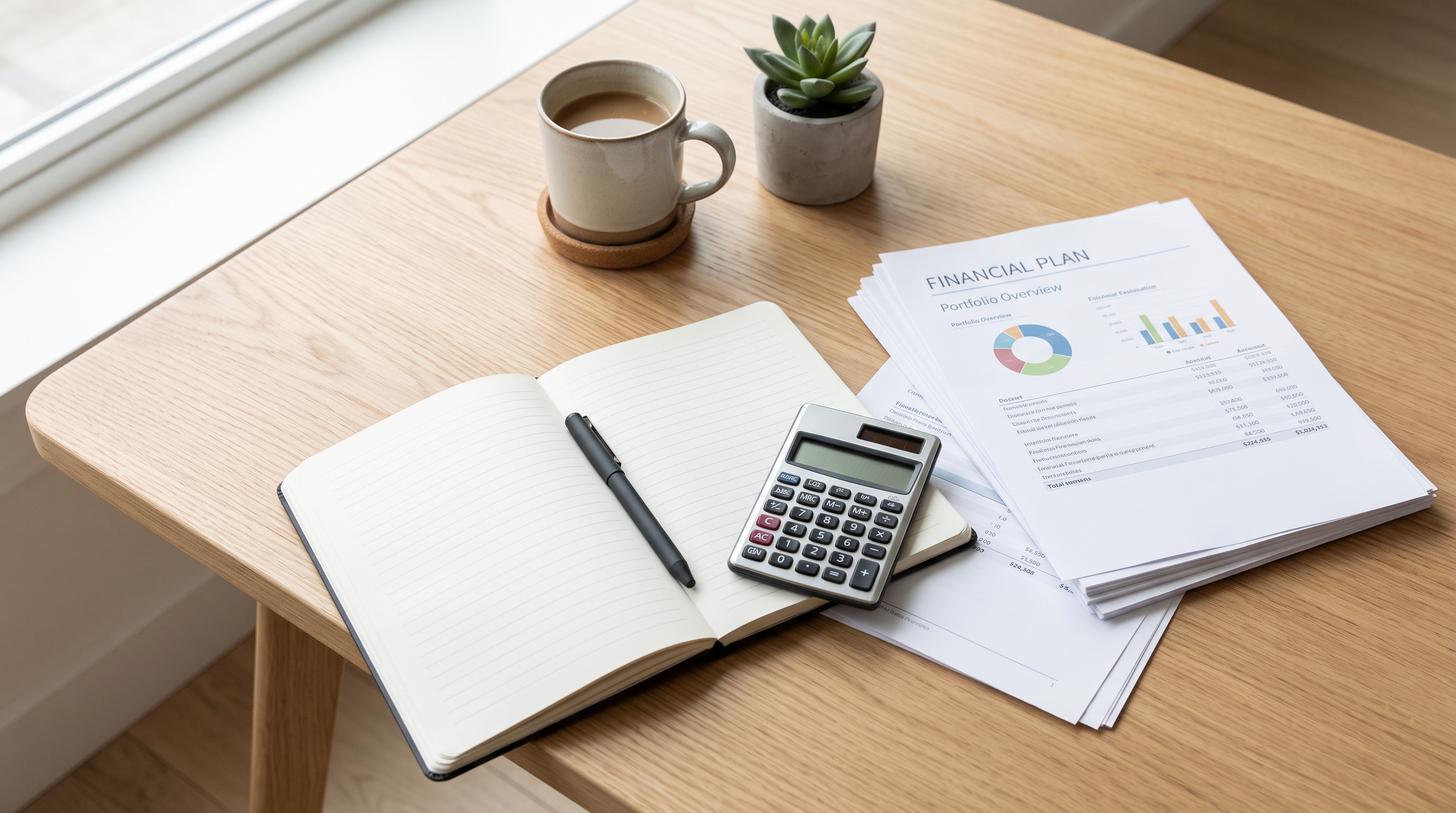 Financial planning notebook and calculator on a desk.