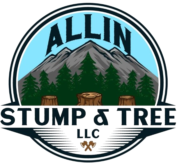 Logo of Allin Stump & Tree LLC featuring a mountain backdrop, pine trees, and tree stumps, symbolizing professional tree and stump removal services