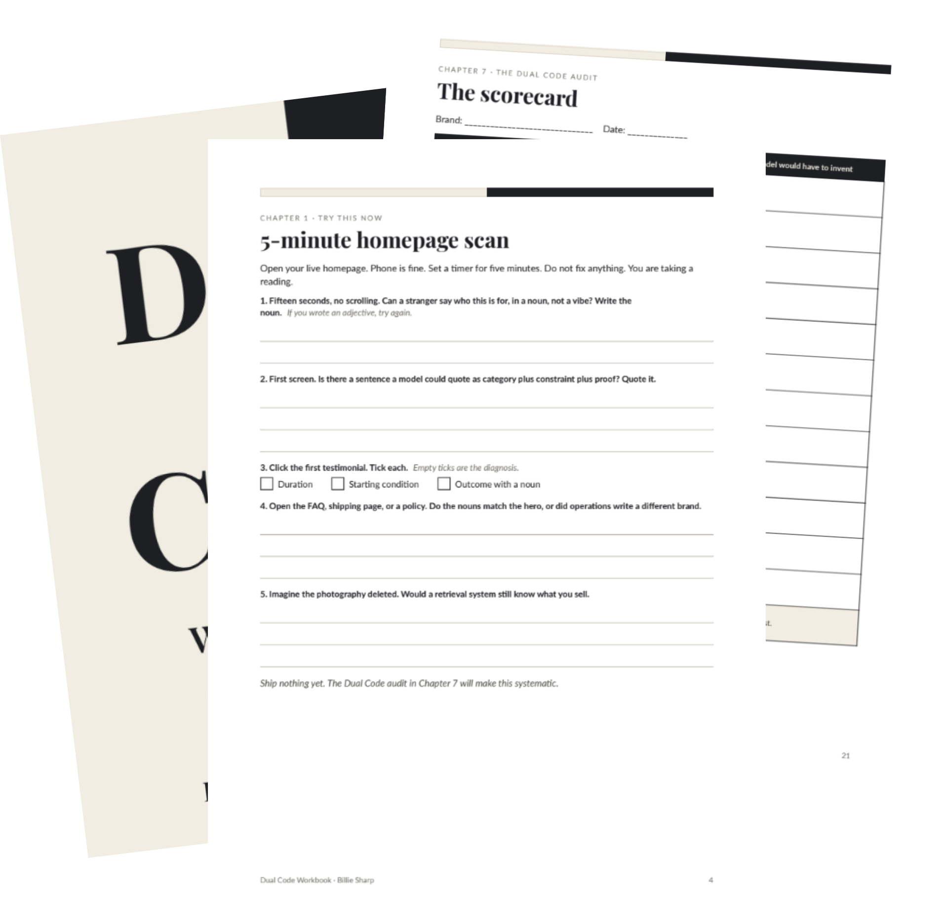 Three overlapping printed pages showing the Dual Code Workbook content