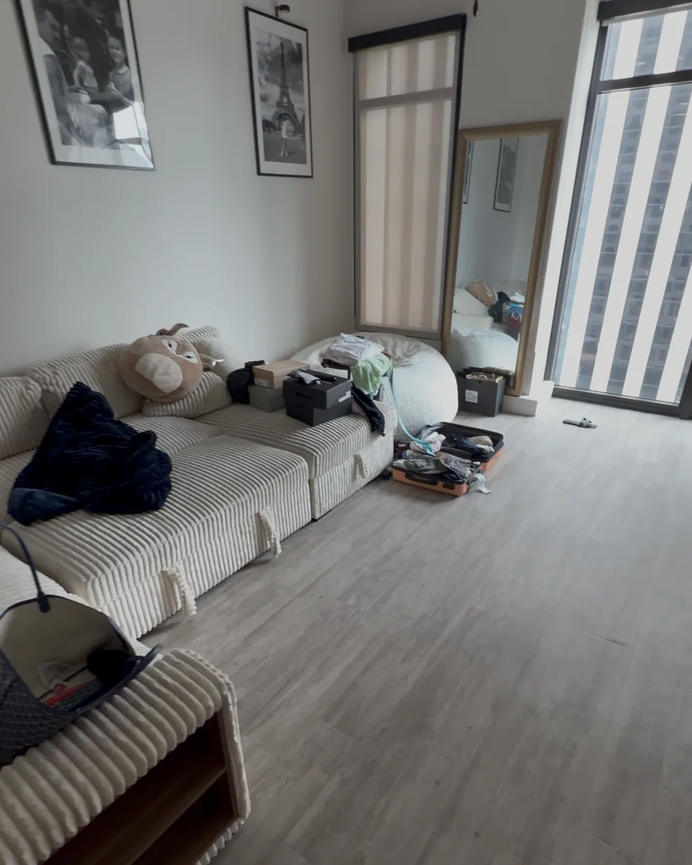 Living room with clutter and unpacked luggage before cleaning