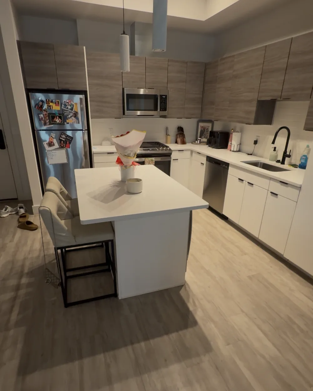 Same kitchen spotless and reset after cleaning