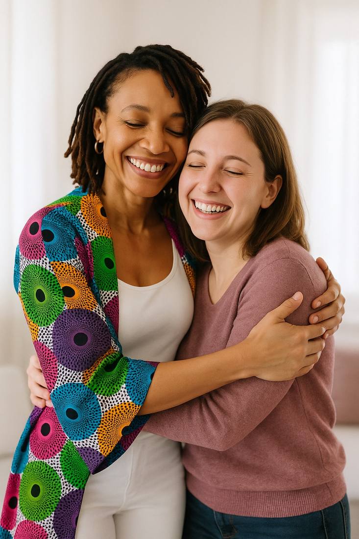 AKimie embracing a client in a moment of joy and relief