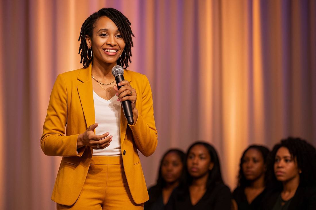 AKimie speaking on stage to a room of women