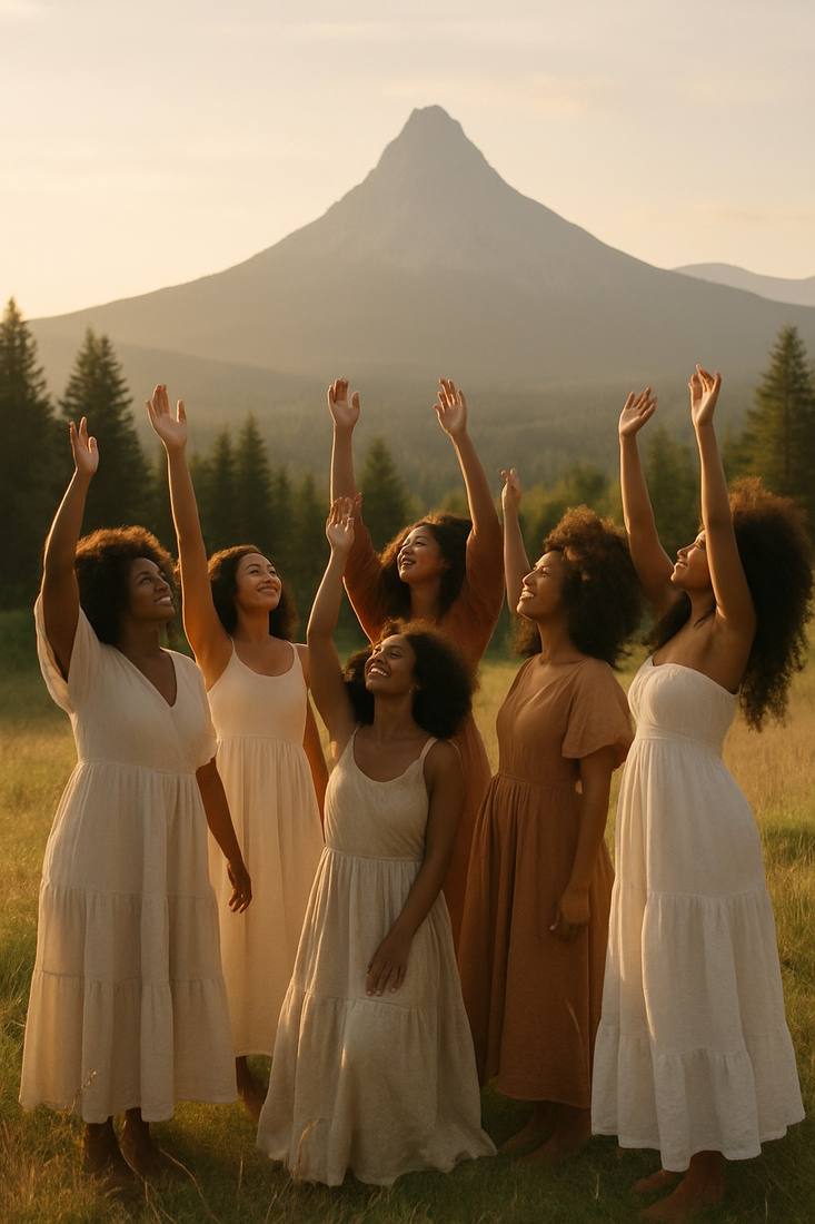 Women with arms raised in celebration on a mountainside meadow at golden hour