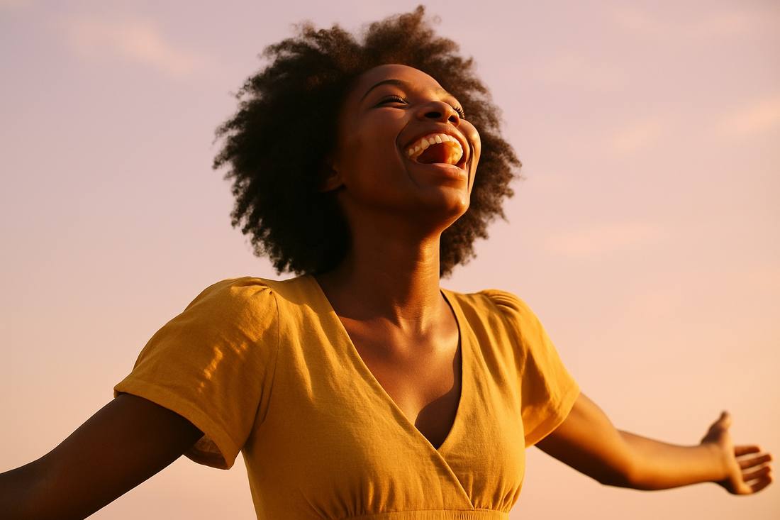 A radiant woman laughing with her face lifted to the morning sun