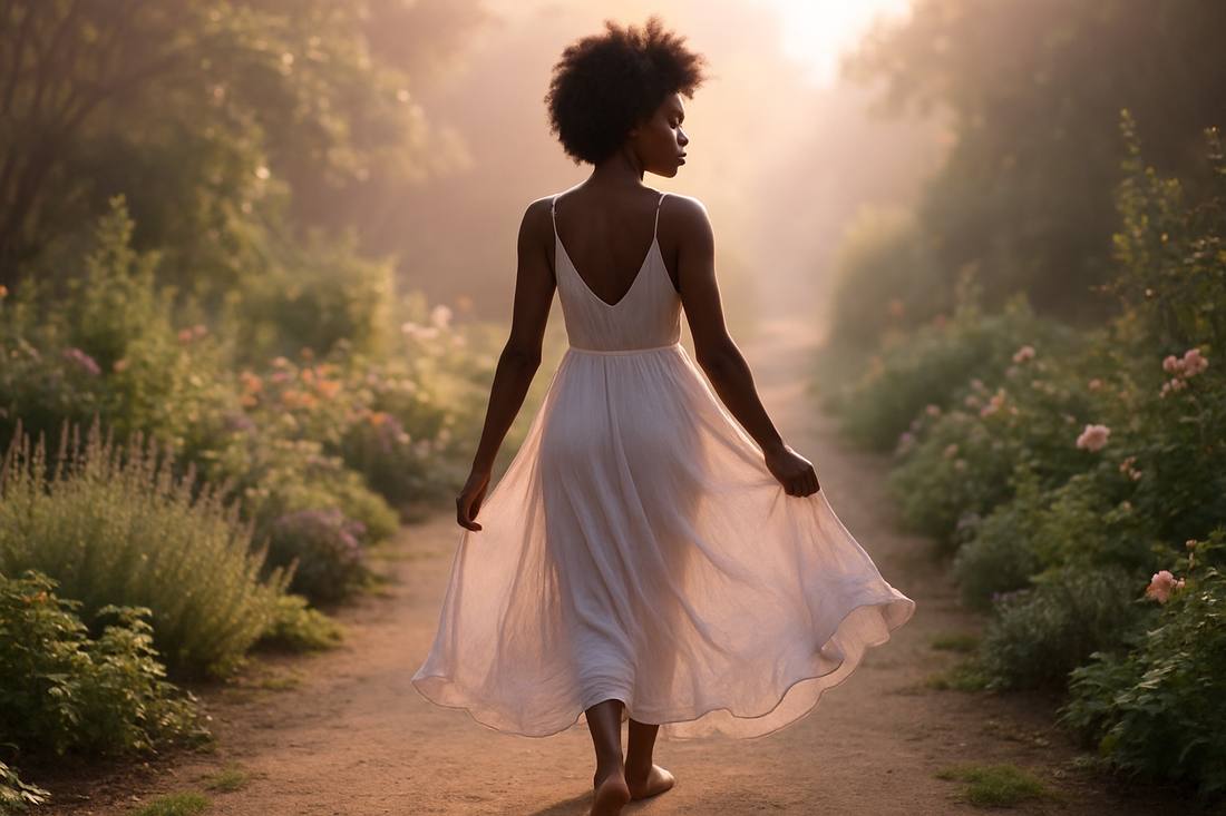 A confident woman walking a sunlit garden path