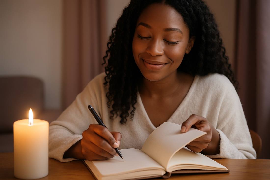 A serene woman writing in her journal by candlelight, turning a fresh page