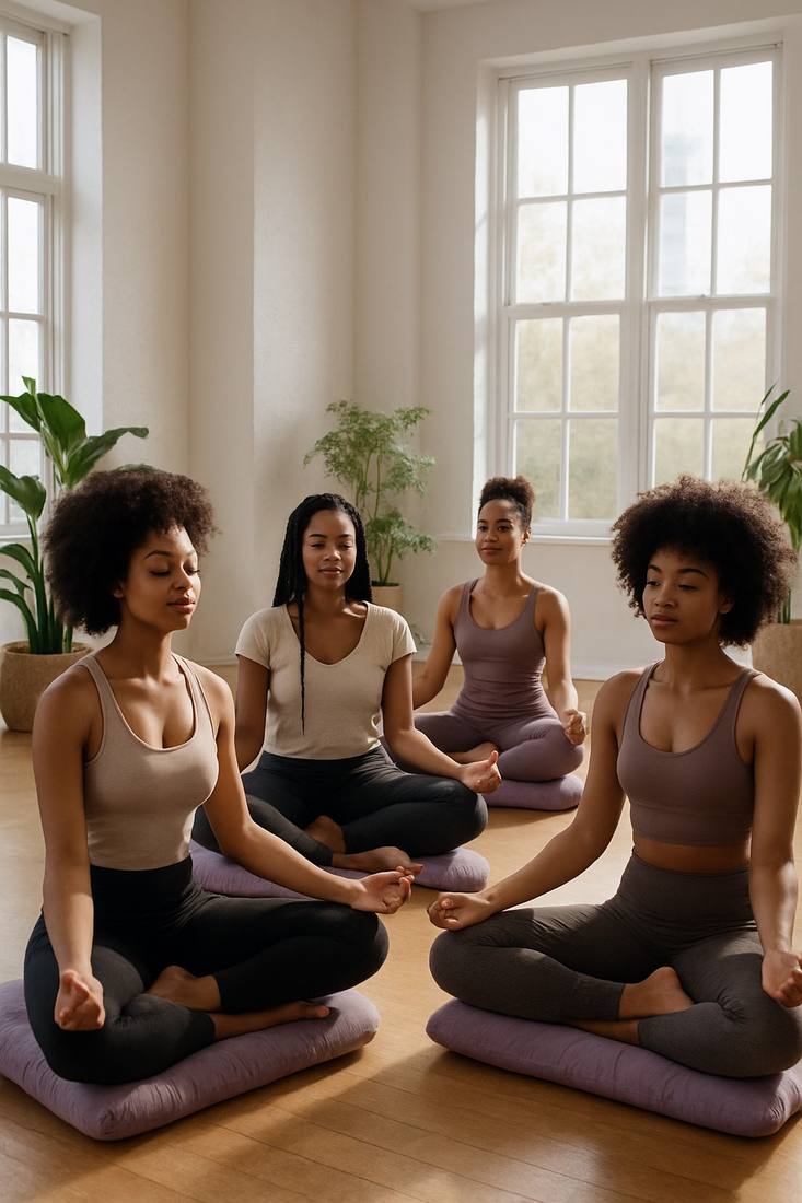 Women meditating together in a bright, airy studio