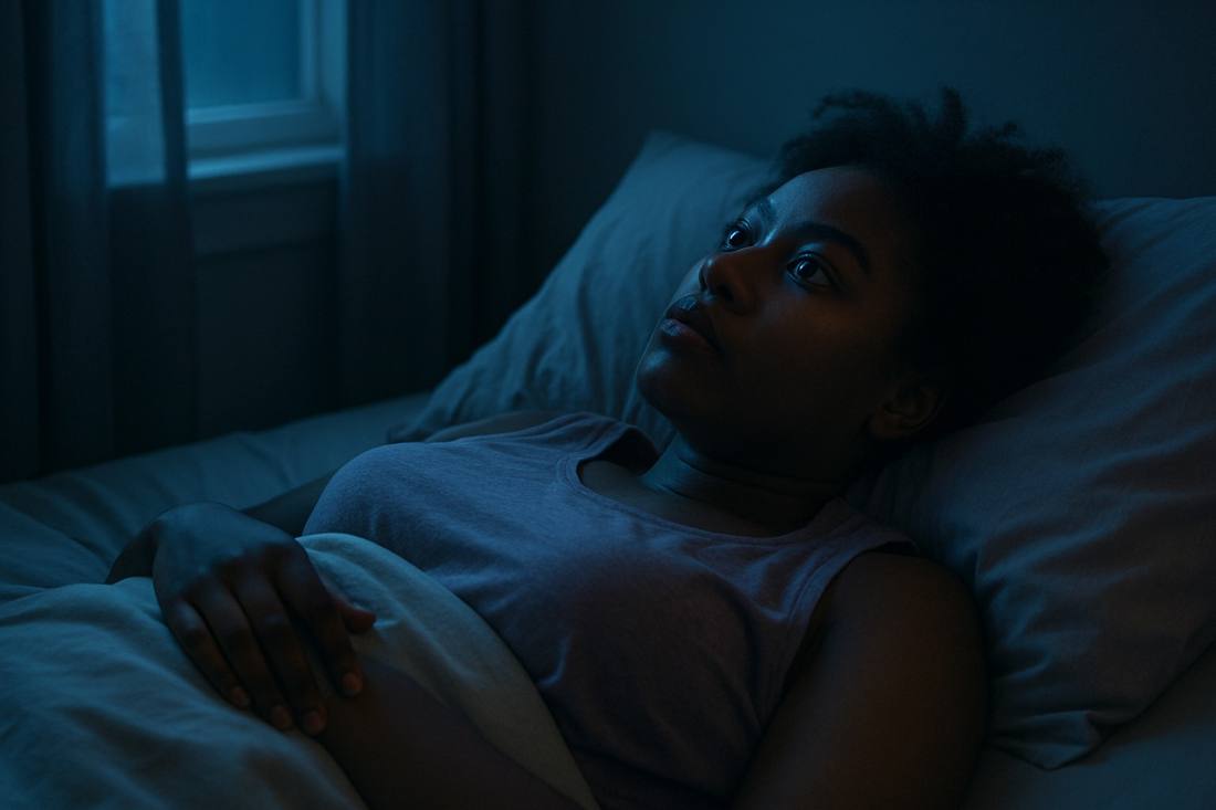 A woman lying awake in bed in soft moonlight