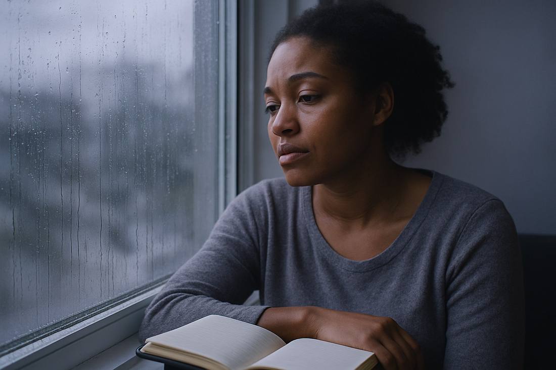 A woman sitting by a rainy window with her journal
