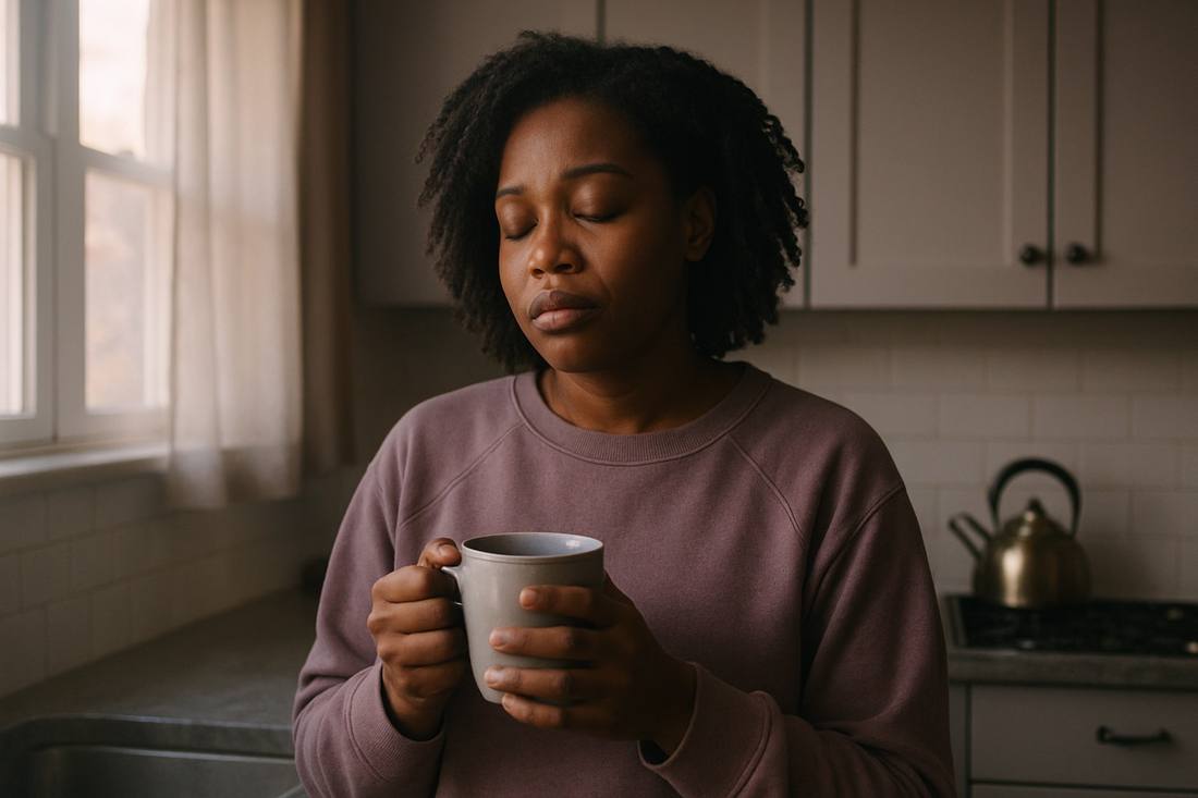 A tired woman pausing alone with a cup of tea