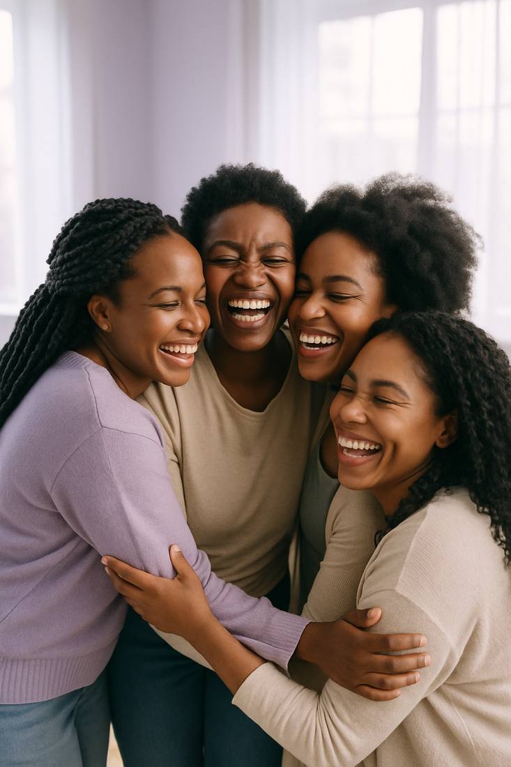 Women embracing and laughing together after a healing circle