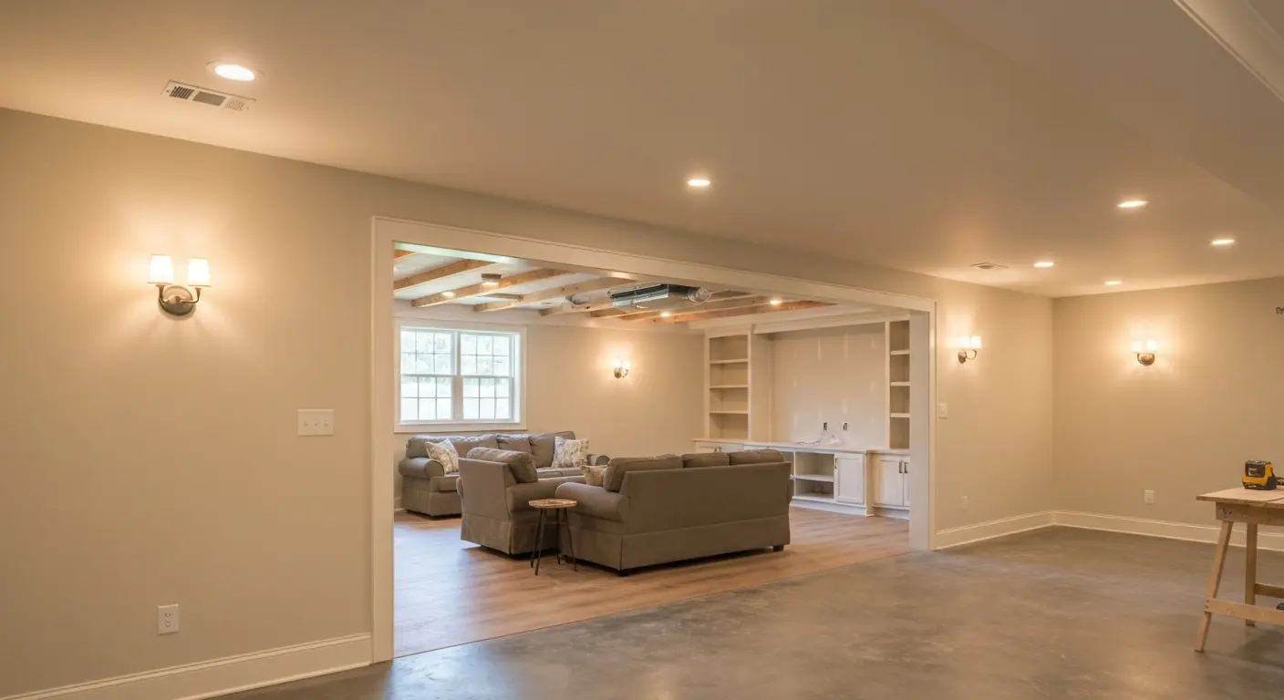 Finished basement with open layout and lighting