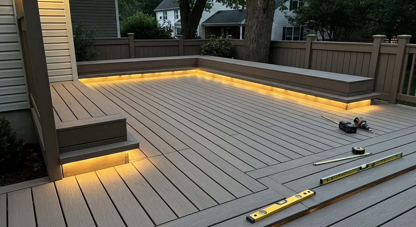 Composite deck with integrated lighting and seating area
